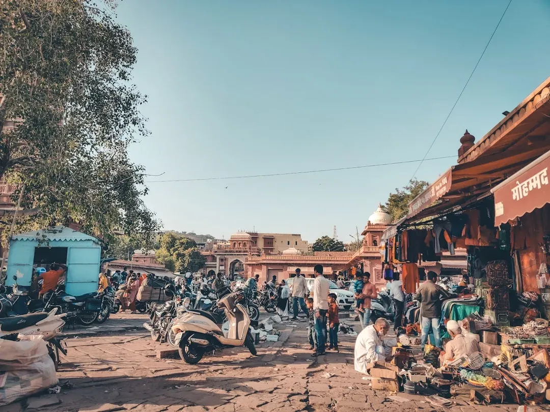 vibrant bazaar scene with colorful stalls and shoppers